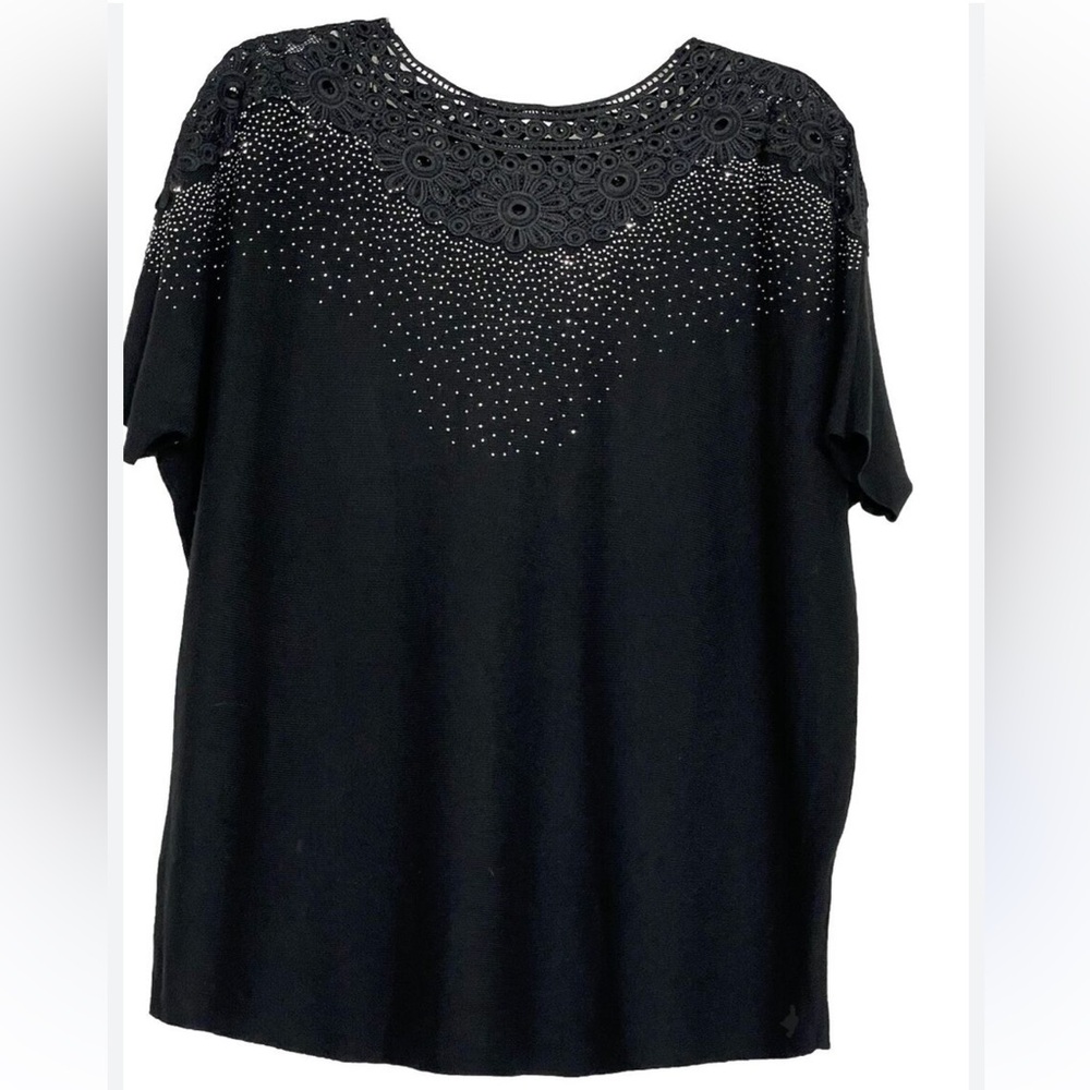 Luna Elegant Black Lace Women's Top, short sleeve, knit bling viscose blend 2X
